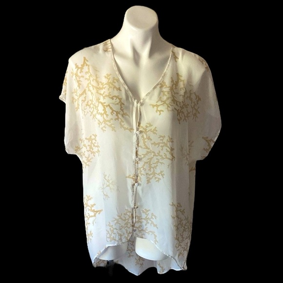 Cato Tops - Cato Women’s White Sheer Coral Print High Low Short Sleeve Blouse Size Medium